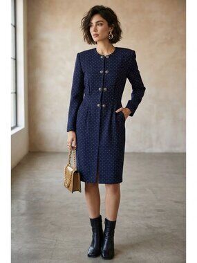Chaus Red Polka Dot Sheath Dress, Gold Button, Long Sleeve, Size 12